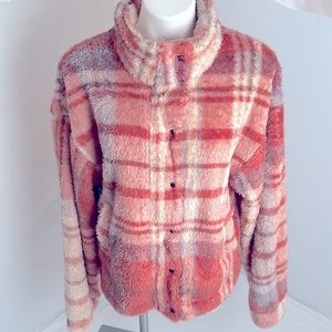 New In pink purple plaid plush snap front jacket